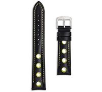 Correa de reloj deportiva de cuero Rally | Negro con agujeros naranjas, rojos, amarillos y blancos | 20 mm, 22 mm, 24 mm | Correa de carreras perforada con hebilla plateada de repuesto para hombres y