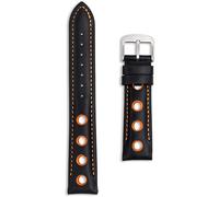 Correa de reloj deportiva de cuero Rally | Negro con agujeros naranjas, rojos, amarillos y blancos | 20 mm, 22 mm, 24 mm | Correa de carreras perforada con hebilla plateada de repuesto para hombres y
