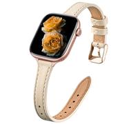 Correa Delgada de Cuero Auténtico Compatible con Apple Watch Ultra3/2/1 SE3/2/1 Series11/10/9/8/7/6/5/4/3/2/1, Correa Ajustada de Cuero Flor para 38/40/41/42/44/45/46/49 mm - Blanco