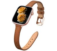 Correa Delgada de Cuero Auténtico Compatible con Apple Watch Ultra3/2/1 SE3/2/1 Series11/10/9/8/7/6/5/4/3/2/1, Correa Ajustada de Cuero Flor para 38/40/41/42/44/45/46/49 mm - Marrón