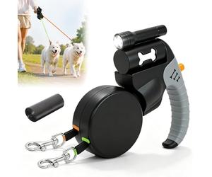 Correa Doble para Perros, HOVCEH 3 m Correa Extensible Perro Pequeño con Luz, 360° Rótula Correas Flexi Perro con Bolsas para Excrementos de Perros Pequeños de hasta 10 kg