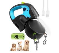 Correa doble retráctil para 2 perros, 3 m, cordón extensible, hasta 20 kg, mango antideslizante, lámpara de antorcha recargable, caja de residuos con bolsas, banda de nailon 360 °, antienredos