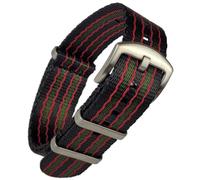 Correa NATO tejida para cinturón de seguridad de alta calidad, 20 mm, 22 mm, estilo vintage Goldfinger Bond | Rayas negras rojas y verdes | Hebilla y trabillas de acero cepillado, 20mm