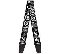 Correa para guitarra con hebilla, diseño de calaveras de azúcar, color negro y blanco, 5 cm de ancho, 74 cm de longitud