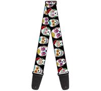 Correa para guitarra con hebilla, diseño de calaveras de azúcar escalonadas, color negro y multicolor, 5 cm de ancho, 74 cm de longitud