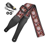 Correa para guitarra, correas de algodón bordado jacquard con extremos de cuero, correa de hombro para bajo, acústica, guitarra eléctrica, Jacquard rojo, Talla única
