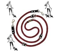 Correa para Perros Manos Libres, multiposición, para 2 Perros, con Cuero, Fabricada en España. Rojo Negro & Negro.