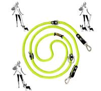 Correa para Perros Manos Libres, multiposición, para 2 Perros, con Cuero, Fabricada en España. Verde Flúor & Negro.