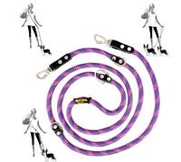 Correa para Perros Manos Libres, multiposición, para 2 Perros, con Cuero, Fabricada en España. Violeta Rosa & Negro.