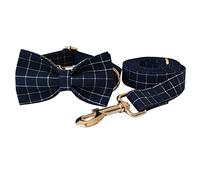 Correa Perro Collar De Perro con Botones Dorados A Cuadros Azul Marino, Correa para Perro, Collar para Mascotas, Juego De Correa con Hebilla De Aleación Correa Perro Suave(20-29cm)