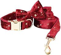 Correa Perro Collar De Perro Personalizado, Pajarita De Terciopelo Rojo Navideño, Conjunto De Collar Y Correa para Mascotas con Estrellas Doradas Correa Perro Suave(20-29cm)