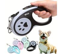 Correa retráctil para perro negro/gris con diseño de huellas de patas, material duradero, fácil de usar