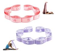 Correa Yoga, 2 Piezas Bandas Elasticas Fitness, Correa de Estiramiento de Yoga con 8 Bucles, Cinta de Estiramiento para Fitness, Bandas Elásticas de Resistencia, para Pilates, Gimnasia(Morado, Rosa)