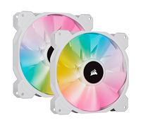 Corsair iCUE SP140 RGB ELITE 140mm PWM Set de dos ventiladores con iCUE Lighting Node CORE, Tecnología CORSAIR AirGuide, Ocho LED RGB direccionables, baja sonoridad de 18 dBA, hasta 1.200 RPM, Blanco