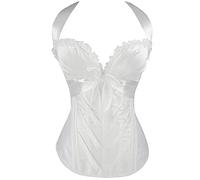 Corset Corsé Mujer Sexy Lace Up Satin Overbust Corset Mujeres Copa Lencería Corsés Laterales Tallas Grandes S-XXL-White_M