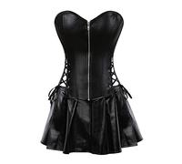 Corset Corsé Mujer Traje De Falda Y Corsé De Cuero De Imitación De PU con Cremallera Frontal Gótica para Mujer Tallas Grandes S-6Xl-Black_XXL