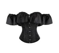 Corset De Mujer Top - Moda Jacquard Fuera del Hombro Volantes Manga Bustier Ajustable Un Solo Pecho Color Sólido Fiesta Clubwear Lencería,Negro,S
