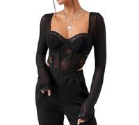 Corset Disfraz,Mujeres Bustier Corset Top Elegante Negro Volantes Corsés Sexy Slim Boned Push Up Crop Tops Sujetador Y2K Empalme Perspectiva Malla Manga Larga Camisetas Para Clubwear Party,Xs