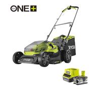 RYOBI Cortacésped Inalámbrico 18V One+ Ancho 37cm, 6 Alturas, EasyEdge y Mulching - Batería 4.0Ah, Cargador y Recogedor 45L