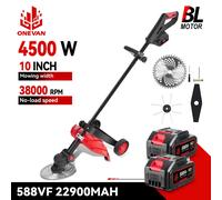Cortacésped eléctrico sin escobillas ONEVAN 4500W 10 pulgadas 38000RPM inalámbrico 45 ° Herramienta de jardín cortadora de césped para pasador de batería Makita de 18V 2Battery 1EU Plug