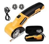 Cortador de cartón eléctrico con 2 cuchillas, tijeras eléctricas de 4,2 V, bloqueo de seguridad, luz LED, cortador universal para papel, tela, alfombra, cuero, fieltro, cartón, amarillo
