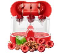 Cortador de cerezas 2 en 1 y medio rebanador, removedor de semillas de cereza de 3 agujeros con hoja integrada, con recipiente transparente (rojo cereza)