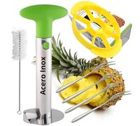 Cortador de Piña Natural de Acero Inoxidable. Descorazonador y Pelador de Piña. Accesorios: Troceador de Piña, 4 Tenedores Inox y Cepillo de Limpieza (Cortador de piña Mango Verde + 3Accesorios)