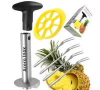 Cortador de Piña Natural de Acero Inoxidable. Descorazonador y Pelador de Piña, Troceador de Piña. Pineapple Slicer, Accesorios: Troceador de Piña y 4 Tenedores Inox (Cotador de Piña Manago Negro)