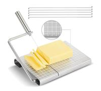 Cortador de Queso Acero Inoxidable con Tabla y Rejilla de Medición | Cables de Repuesto, Corta Queso Profesional para Blando, Duro, Mantequilla y Jamón(21x13x2.5cm)