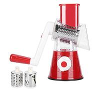 Cortador de Verduras Manual y Rallador de Alimentos con 3 Tambores de Acero Inoxidable - Ralladora y Picadora Multifuncional con Base de Succión, Accesorio de Cocina, Rojo (Roja)