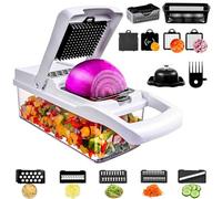 Cortador Verduras Cocina Multifuncional 15 en 1, Picadora Calabacin con 7 Cuchillas Acero Inoxidable Intercambiables/Separador Huevos y Escurridor, Rallador Patatas Manual para Cebolla, Tomate, Pepino