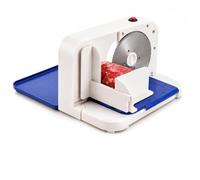 Cortadora de Carne Eléctrica Cortadora de Alimentos Fiambre Queso 19 cm | Acero inoxidable, grosor ajustable 0-15 mm, plegable 35x9x19 cm, empujador seguro, fácil limpieza.