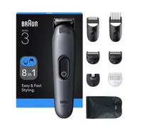 Braun AIO3540 - Kit de afeitado todo en uno serie 3, 8 en 1, hoja ultrafina, 14 longitudes, corte preciso para cara y cabello, duración de 50 minutos, estilo fácil y rápido, color gris