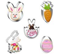 Cortadores Galletas Pascua, 5 Piezas Juego de Cortadores de Galletas Semana Santa Acero Inoxidable Moldes de Galletas Huevo de Pascua, Conejito, Cabeza de Conejo, Conejito de Huevo y Zanahoria