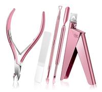 Cortauñas acrílico 5 en 1, lima de vidrio, recortador ergonómico, empujador de cutículas de acero, color rosa