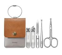Cortaúñas de acero inoxidable con estuche viaje cuero, kit manicura profesional 5 piezas, set cuidado personal