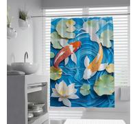 Cortina baño Carpas papercraft W100xL200cm Motivo botánico vainas flotantes nenúfar Agua arremolinada Azul Resistente Moho Secado rápido Lavable Cortinas baño bañera con Ganchos