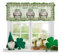 Cortina con cenefa de feliz Pascua, diseño de camión de dibujos animados, huevos de conejo, flores verdes, cenefas para ventana, con bolsillo para barra, cortinas cortas para cocina, dormitorio, baño