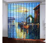 Cortina con Estampado 140 X 160 Cm Pintura Al Óleo del Barco De Pesca Azul, Cortina Cálida Adecuada para Sala De Estar, Dormitorio, Decoración del Hogar, Cortina para Niños Y Adultos - Cort-8B9K+R8S