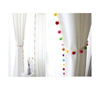Cortina de algodón blanco con borla de pompones multicolor, tratamiento de ventana Boho, cortina para colgar en la puerta, balcón, habitación, decoración bohemia, juego de 2 paneles (82X26 Inches(2))