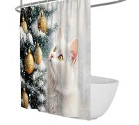 Cortina de baño con patrón Winter Wonderland Tree Cortina de Ducha Cortina de Ducha con Gato Blanco Esponjoso con Adornos Dorados Cortinas de baño Lavables a máquina 180 x 200 cm