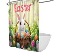 Cortina de baño de Conejo Blanco Mona, Cesta de Mimbre Tejida y Cortina de Ducha con Escena primaveral de Pradera para la decoración del hogar de Pascua, Impermeable Lavable 200 x 240 cm