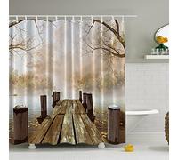 Cortina de Baño Puente Impermeable Resistente Impresión Digital Cortina de Ducha de Puente de Madera, aros de acero inoxidable 180 x 180 cm, + 12 Ganchos di Cloud-Castle