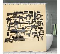 Cortina de Ducha 180x180cm Armas de Fuego Cortina de Baño de Poliéster Impermeable Antimoho 3D Tema Militar Impresión Cortina Bañera Lavable con 12 Ganchos para Bañera A-2095