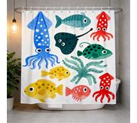 Cortina de Ducha 180x200 Criaturas Marinas de Dibujos Animados Cortina Ducha Antimoho y Lavables Cortina Baño 3D El Mundo Submarino Cortinas de Baño Impermeable Cortina Bañera con Ganchos