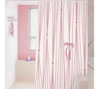 Cortina de Ducha 200X200 A Rayas con Lazo - Bonita Cortina de Baño de Líneas Sencillas,Impermeable,De Secado Rápido,con Estética Preppy Y Ganchos,Color Rosa.