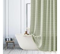Cortina de ducha a rayas verde salvia de tela de lino bohemio, cortinas de ducha para baño, juego de cortinas de baño con borla, cortina de ducha de tela bohemia extra larga, 180 x 210 cm
