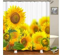 Cortina de Ducha Antimoho 180x180 cm Cortina Ducha Girasoles Cortinas Baño Flores Amarillas Cortinas de Baño Tela Impermeable Poliéster Lavable para Bañera con Gancho E-2325