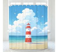 Cortina de Ducha Antimoho 240x200 cm Cortina Ducha Faro de la Costa Cortinas Baño Tema Náutico Cortinas de Baño Tela Impermeable Poliéster Lavable para Bañera con Gancho B/1914