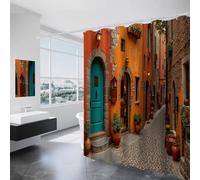 Cortina de Ducha Antimoho para Bañera 200×200 cm Estampada Italia Calles Cortina Ducha Tela Poliéster Campo Antiguo Callejones Cortinas de Baño con 12 Anillas Lavable a Máquina - Naranja